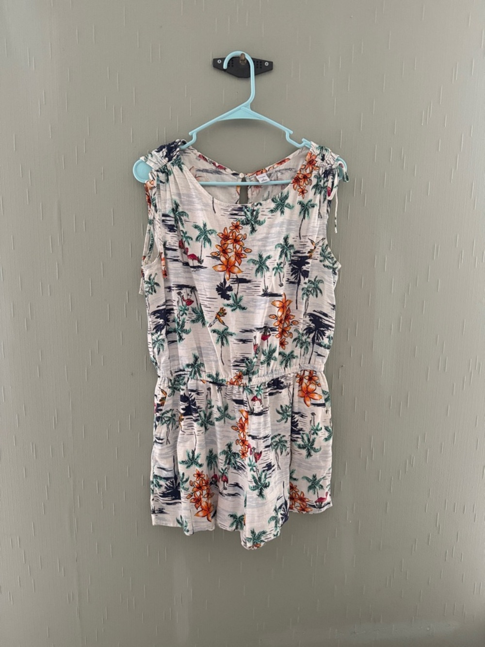 Old Navy White Tropical Floral Tank with Green Palm & Orange Blooms